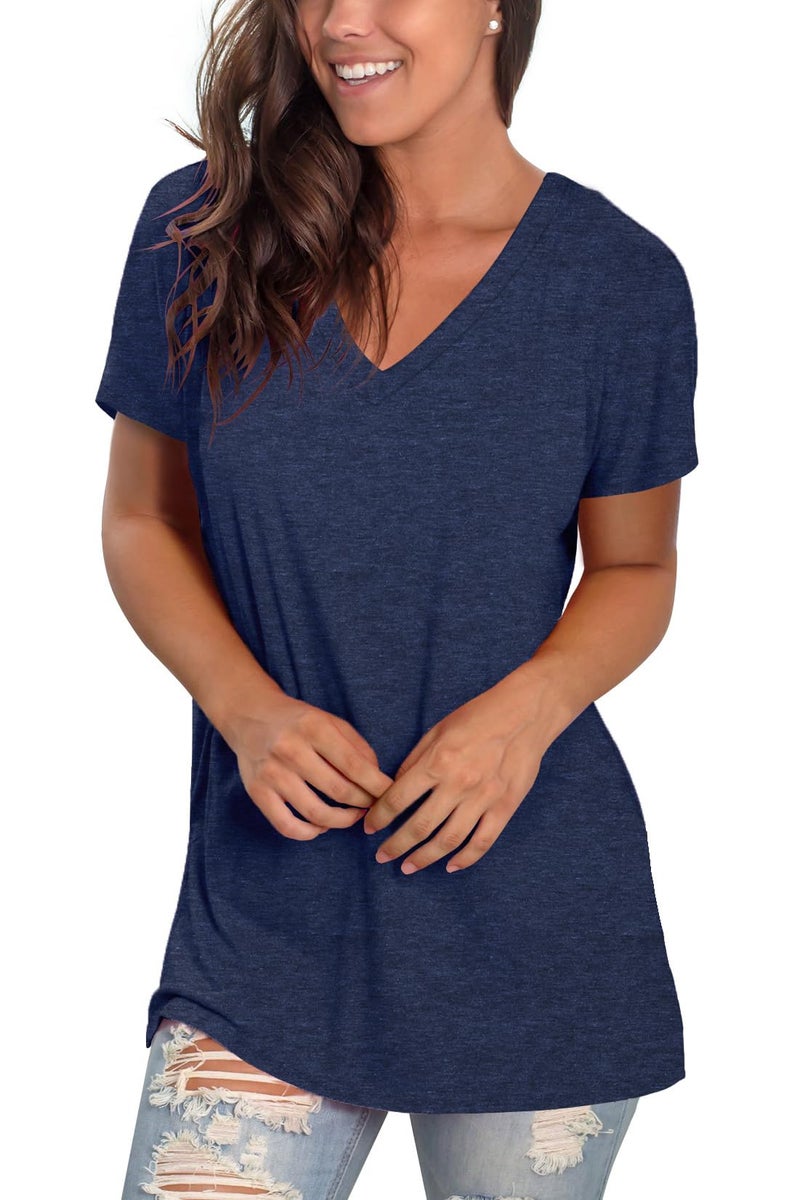 Sipaya Womens T Shirts Deep V Neck Short Sleeve Simple Basic Tops Summer Tees Navy Blue XL - Image 3